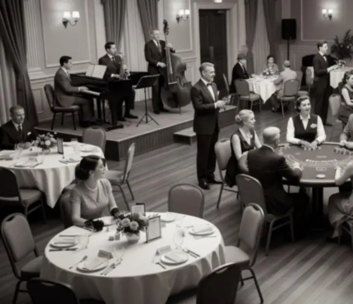 Black-and-white still of an Australian corporate event hall set for a hosted casino evening