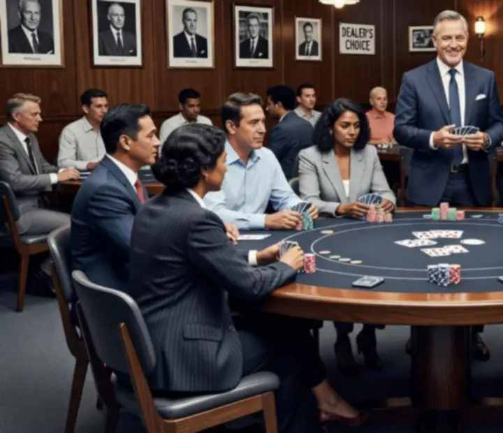 Corporate guests gathered around an offline poker table, guided by a professional host.