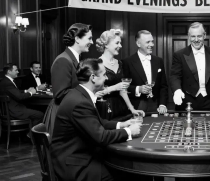 Guests in black tie gathered around a vintage event table