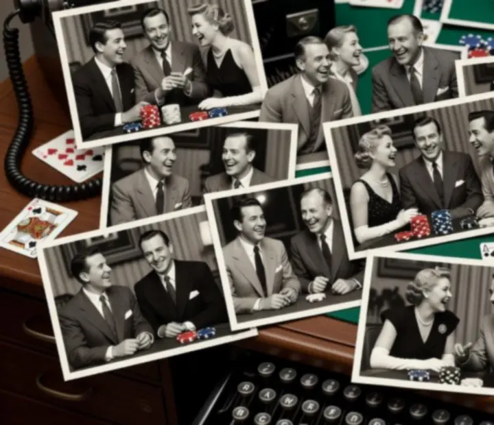 Diagonal collage of halftone event stills featuring hosted poker, roulette, and blackjack scenes.
