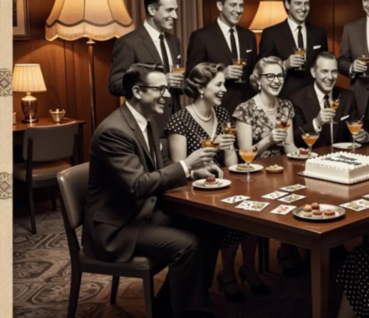 A mid-century inspired group celebration with guests gathered around a hosted card table.