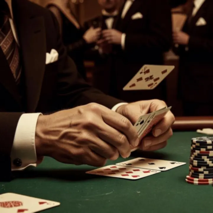 Hands reaching across a felt table as cards and tokens are arranged for a social game.