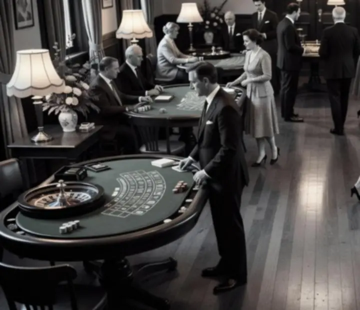 A vintage-inspired event venue set with mid-century props and table games.