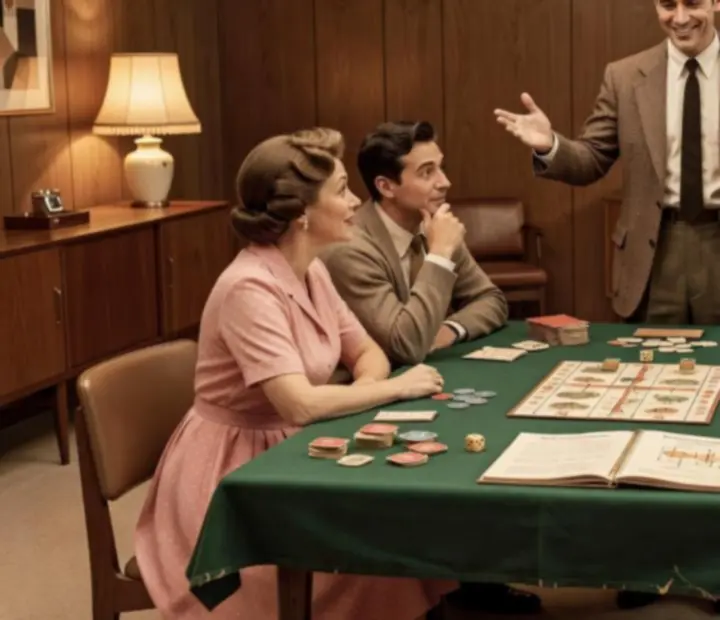 A vintage-styled host guiding guests through a table game at a NAXSOL ENTERPRISES LTD programme.